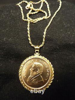 1 OZ fine pure Gold Krugerrand Coin 14K Pendant Necklace, 22''14K rope chain Set