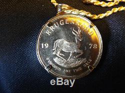 1 OZ fine pure Gold Krugerrand Coin 14K Pendant Necklace, 22''14K rope chain Set
