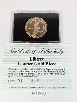 1 Ounce Proof Liberty Gold Piece 500 Fine Gold Limited Edition #4030 withBox & COA
