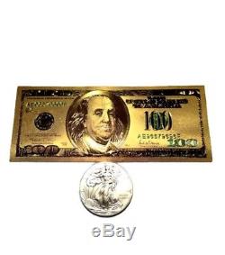 1 Troy Ounce. 999 Fine 2018 American Silver Eagle Bu + 99.9% 24k Gold $100 Bill