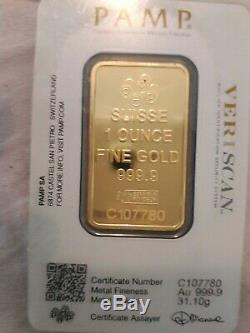 1 oz. 9999 Fine 24 Karat Gold Bar PAMP. Mint Unopened with Assay Certificate