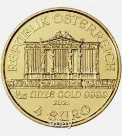 1 x 1/25 oz 9999 Fine Gold Coin 2021 Austria Gold Philharmonic 4 Euro BU