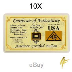 10X Gold Bullion. 9999 24k fine 1 Gr. Bar Nugget Coin Certificate Gift Assay New
