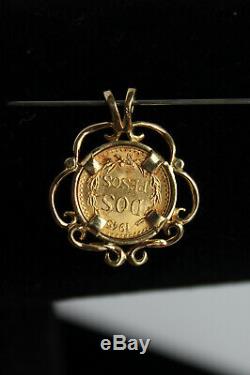 14 Kt Yellow Gold Pendant With A 2 Pesos Mexican. 900 Fine Gold Coin