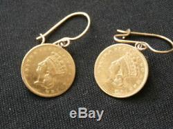 14K 1856 $1 One Dollar Liberty Head Coin Earrings Yellow Gold #1607