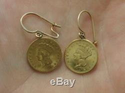 14K 1856 $1 One Dollar Liberty Head Coin Earrings Yellow Gold #1607