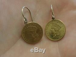 14K 1856 $1 One Dollar Liberty Head Coin Earrings Yellow Gold #1607