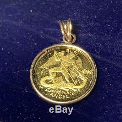 14K Gold Pendant Bezel With ISLE OF MAN ANGEL 1/20 FINE GOLD COIN. 999 24k