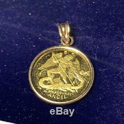 14K Gold Pendant Bezel With ISLE OF MAN ANGEL 1/20 FINE GOLD COIN. 999 24k