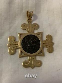 14k Yellow Gold Vintage Cross With Ancient Coin