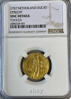 1757 Netherlands Utrecht Ducat Gold Coin NGC UNC Details Tooled. 986 Fine