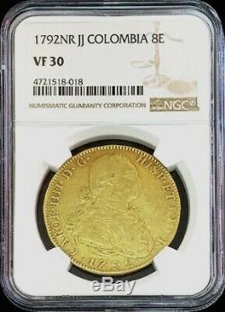 1792 Nr Jf Gold Colombia 8 Escudos Charles IV Coin Nuevo Reino Ngc Very Fine 30