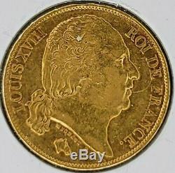 1824 Gold France 20 Franc Louis XVIII Coin. 900 Fine Gold