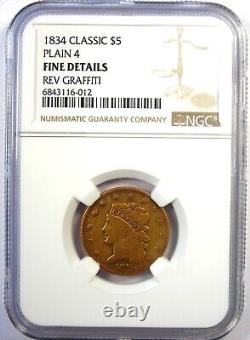 1834 Classic Gold Half Eagle $5 Coin Certified NGC Fine Detail Rare Coin