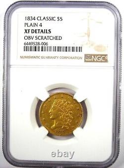 1834 Classic Gold Half Eagle $5 Coin Certified NGC XF Detail (EF) Rare Coin