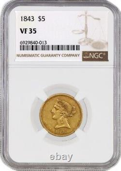 1843 $5 Liberty Head Half Eagle Gold NGC VF35 Very Fine Coin