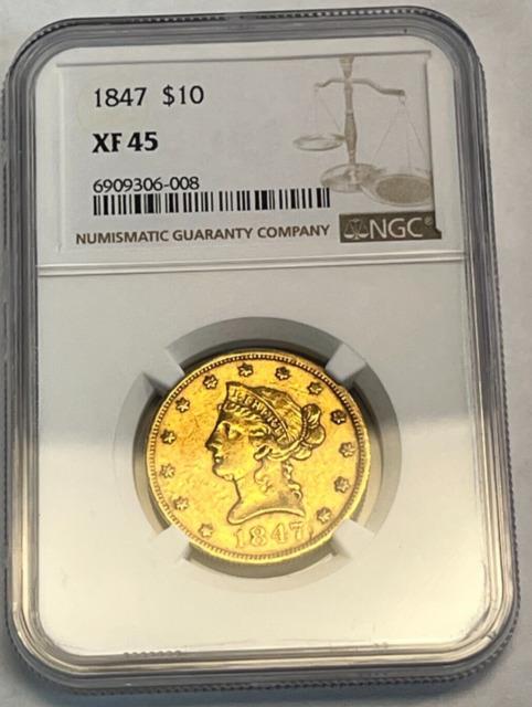 1847 P $10 Liberty Head Gold Coin Ngc Xf45 Ef45, Extremely Fine #2 6909306-008