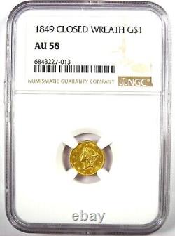 1849 Liberty Gold Dollar G$1 Closed Wreath Coin Certified NGC AU58 Rare Date