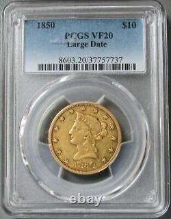 1850 Gold USA $10 Liberty Head No Motto Large Date Eagle Coin Pcgs Very Fine 20