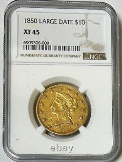 1850 P $10 Large Date Liberty Head Gold Coin NGC XF45 / EF45, Extremely Fine