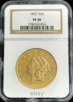 1853 Gold United States $20 Liberty Double Eagle Type 1 Coin Ngc Very Fine 30