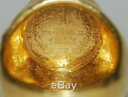 1853 US Gold Liberty Head $1 Dollar Coin in 18K Gold Ring size 5