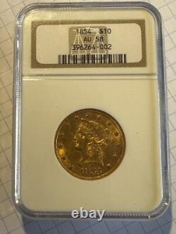 1854 Liberty Gold Eagle $10 Coin Certified NGC AU58 Scarce in Grade 51,000 Mntg