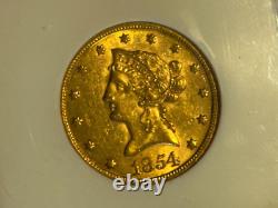 1854 Liberty Gold Eagle $10 Coin Certified NGC AU58 Scarce in Grade 51,000 Mntg
