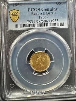 1854 Type 2 Indian Princess $1 Gold Coin PCGS AU DETAILS Beautiful Coin