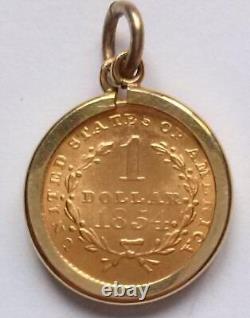 1854 United States $1 Gold Coin 1.6g With 0.8g Pendant Mount Very Fine USA