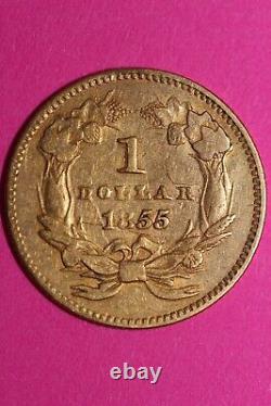 1855 P $1 Gold Coin Liberty Head Scarce Semi Key Date Early Coin. 900 Fine 27