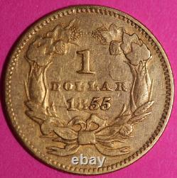 1855 P $1 Gold Coin Liberty Head Scarce Semi Key Date Early Coin. 900 Fine 27