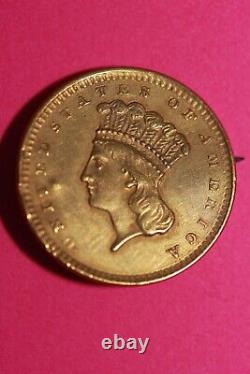 1856 $1 Gold Coin Liberty Head Turned into a Pin. 900 Fine Early TypE Date 32