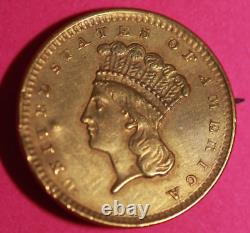 1856 $1 Gold Coin Liberty Head Turned into a Pin. 900 Fine Early TypE Date 32