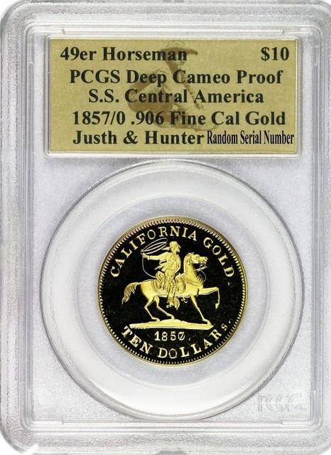 1857/0 $10 49er Horseman. 906 Fine Gold From S. S. Central America Pcgs Coin