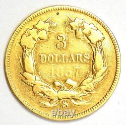 1857-S Three Dollar Indian Gold Coin $3 Fine / VF Detail Rare S Mint Date