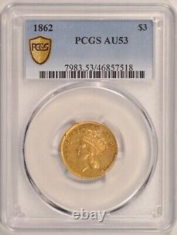 1862 $3 Indian Princess Gold Coin PCGS AU53 Pre-1933