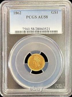 1862 Gold USA $1 Princess Head Coin CIVIL War Era Type 3 Pcgs Au 58
