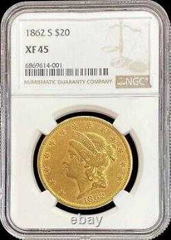 1862 S Gold $20 Liberty Double Eagle CIVIL War Era Coin Ngc Extremely Fine 45