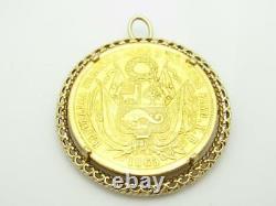 1863 Peru 20 Soles Seated Liberty FIRME Y FELIZ. 900 Fine Gold Coin with 14k Bezel