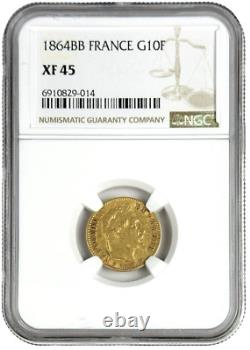 1864 BB France 10 Francs 0.0933 oz Gold Coin XF 45 NGC Extra Fine 45