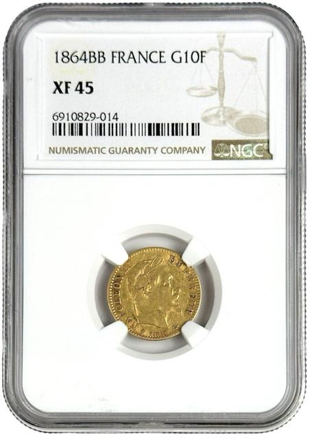 1864 Bb France 10 Francs 0.0933 Oz Gold Coin Xf 45 Ngc Extra Fine 45