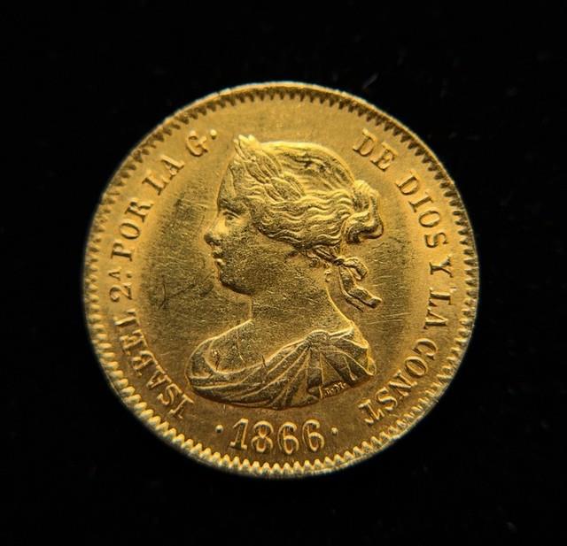 1866 Spanish 4 Escudos Queen Isabel Ii. 900 Fine Gold Coin 3.34g
