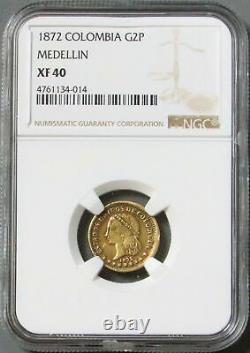 1872 Gold Colombia 2 Pesos Lady Liberty Coin Medellin Mint Ngc Extra Fine 40