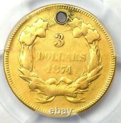 1874 Three Dollar Indian Gold Coin $3 PCGS Fine Details (Holed) Rare Coin