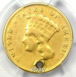 1874 Three Dollar Indian Gold Coin $3 PCGS Fine Details (Holed) Rare Coin