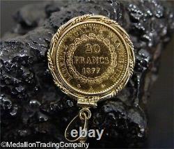 1877 20 Francs Angel Rooster Coin 14k Gold Twist Bezel Pendant Antique France