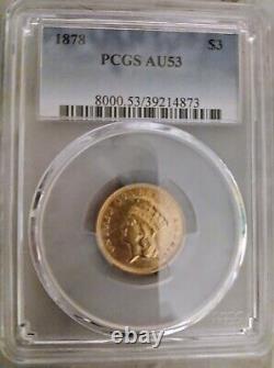 1878 $3 Dollar Princess Gold Coin (PCGS AU 53)