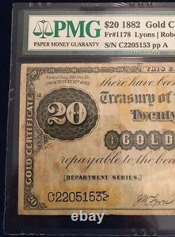 1882 $20 Gold Coin Certificate Lyons/Roberts Fr. # 1178 PMG Graded Very Fine 25