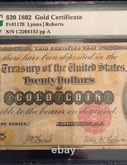1882 $20 Gold Coin Certificate Lyons/Roberts Fr. # 1178 PMG Graded Very Fine 25